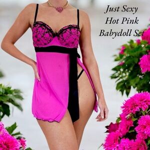 Just Sexy Hot Pink Mesh Babydoll with Black Satin Bow Ribbon with G-String
